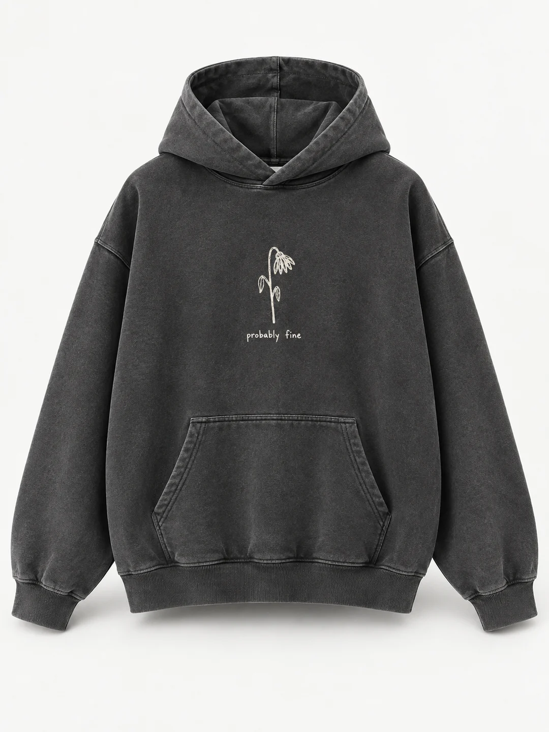 Washed charcoal Probably Fine hoodie with a small drooping flower illustration
