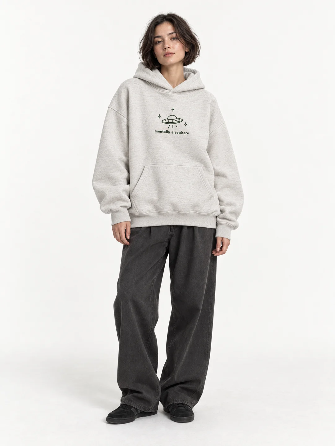 Model wearing the Mentally Elsewhere hoodie