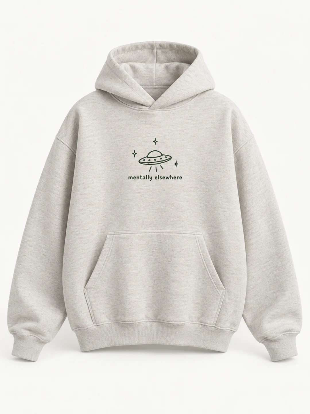 Light oatmeal Mentally Elsewhere hoodie with a flying saucer illustration
