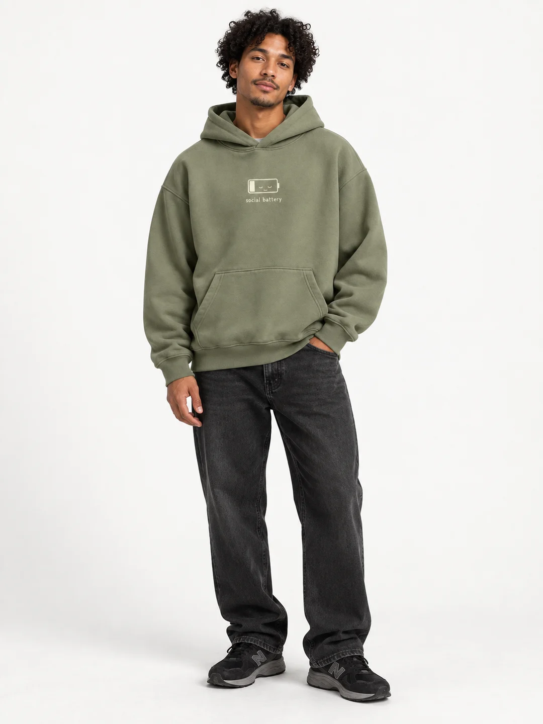 Model wearing the Social Battery hoodie