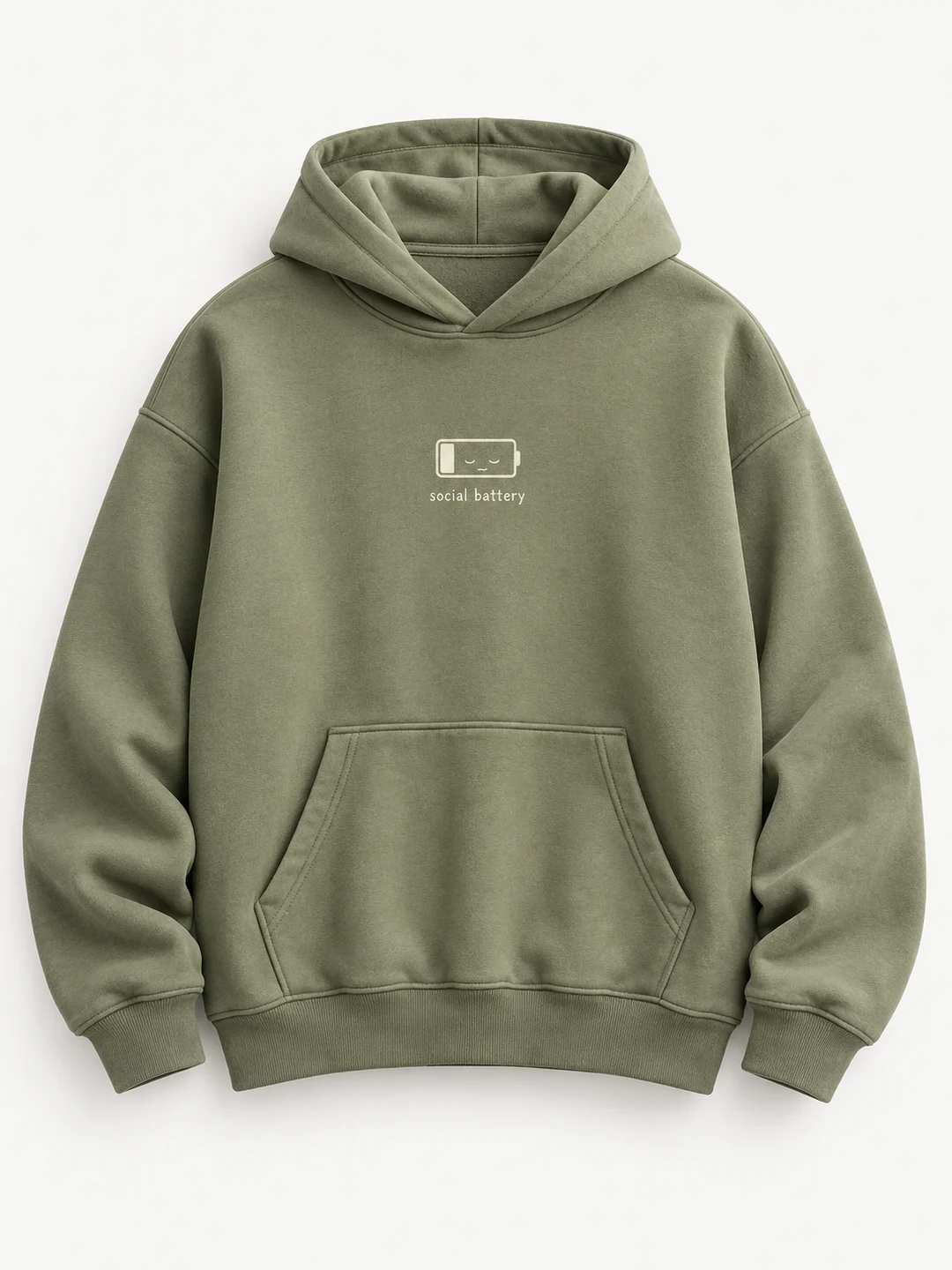 Sage olive Social Battery hoodie with a tired battery illustration